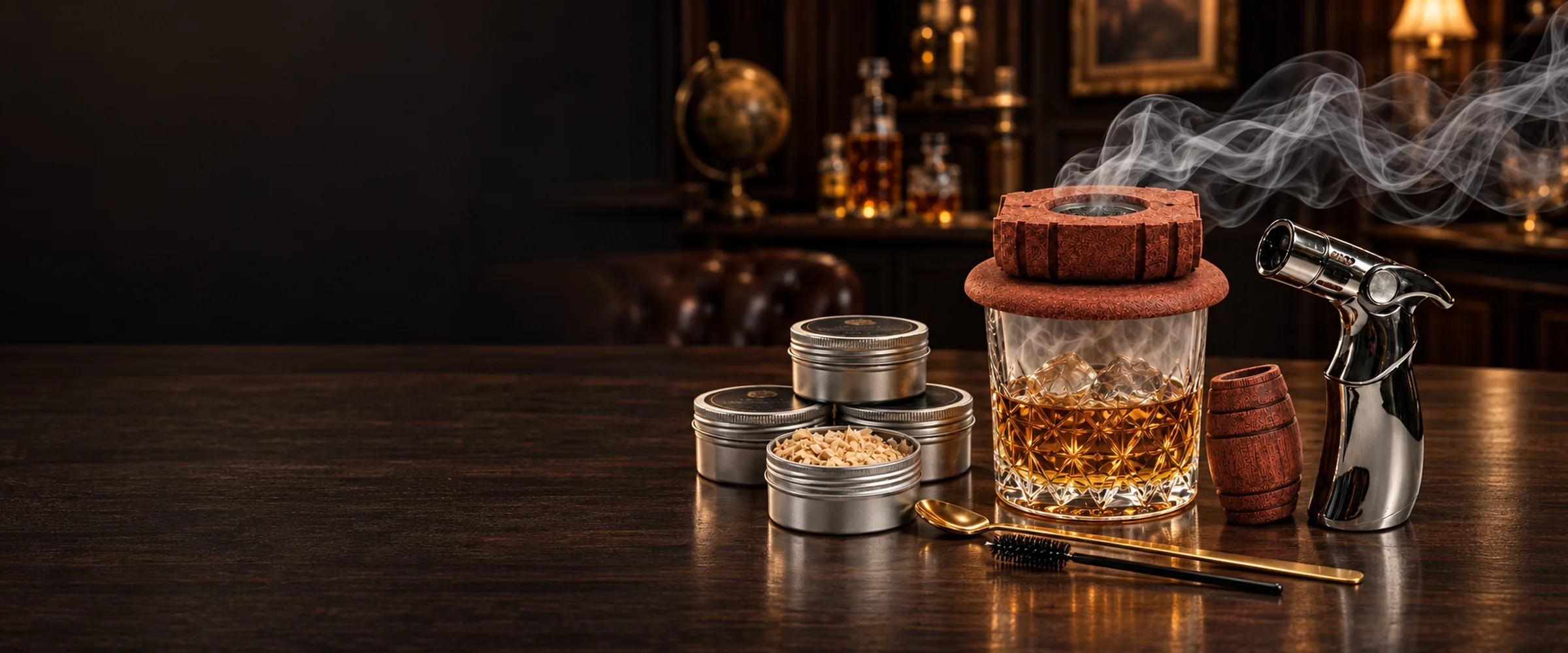 Zestaw WHISCARO na barowym blacie, dym unoszący się znad szklanki whisky