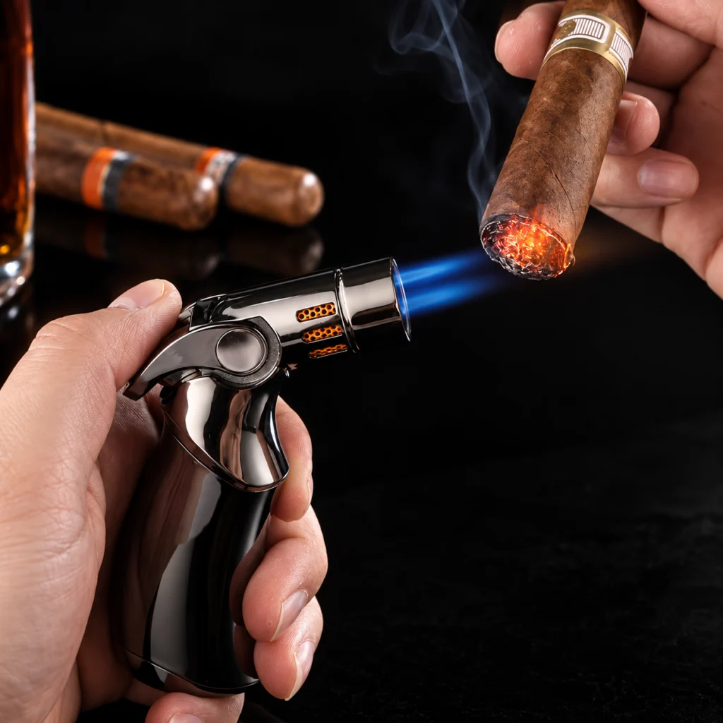 Palnik gazowy przypalający cygaro obok szklanki whisky