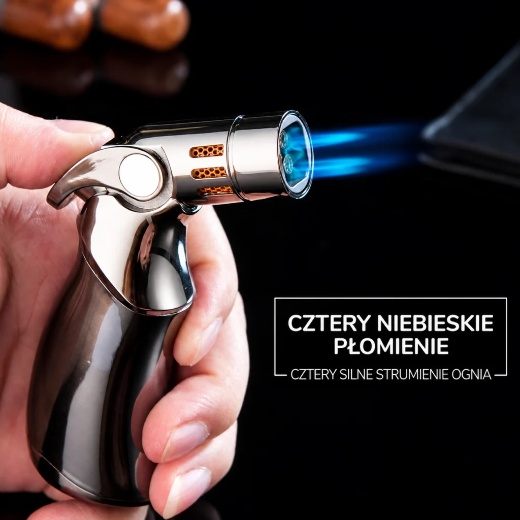 Cztery niebieskie strumienie płomienia w palniku gazowym