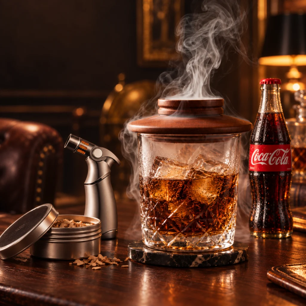 Wędzona cola w szklance pod smokerem, obok butelka coli i palnik