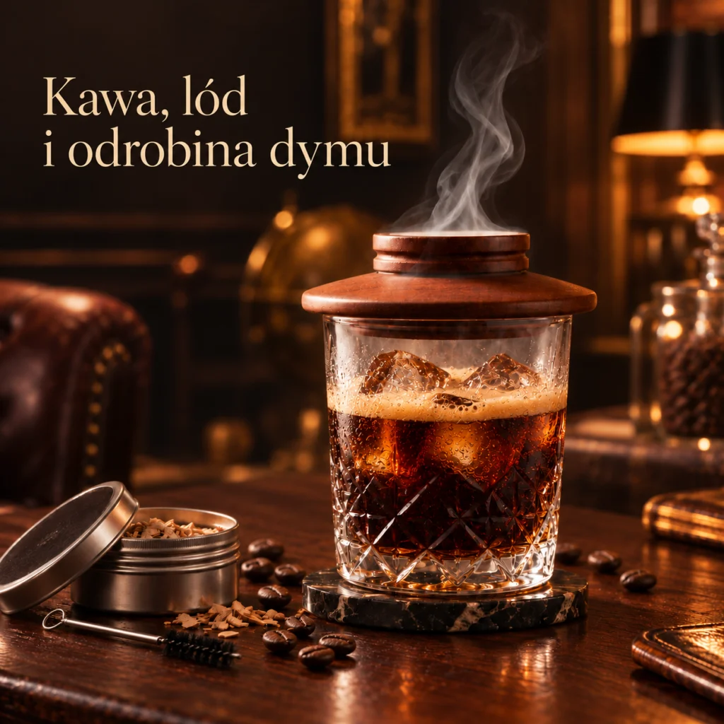 Wędzona kawa mrożona w szklance pod smokerem, obok ziarna kawy
