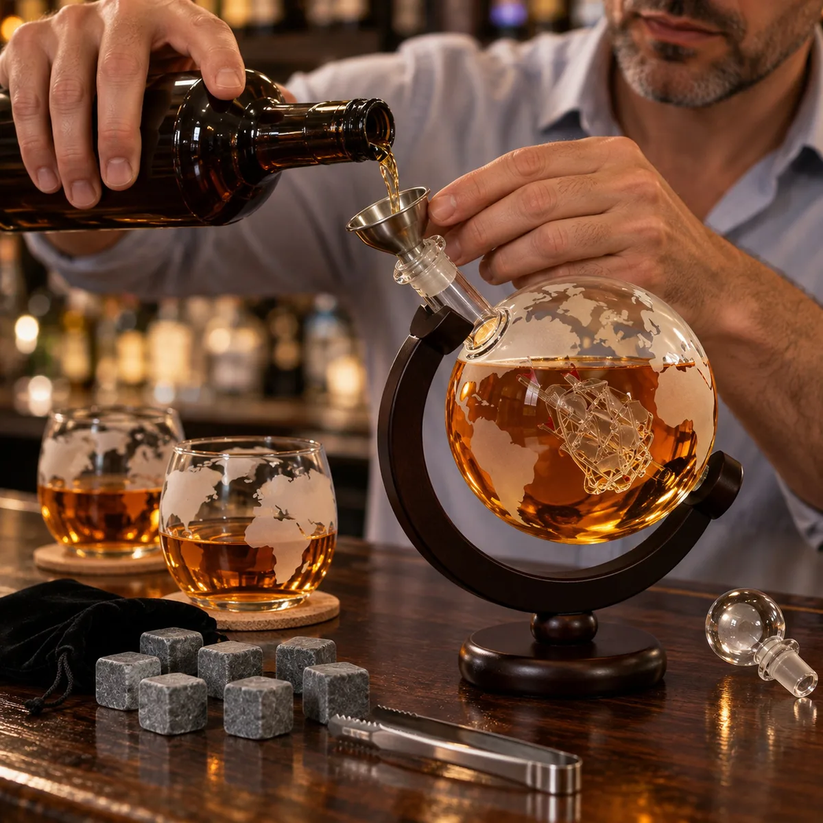 Nalewanie whisky do karafki globus przez stalowy lejek