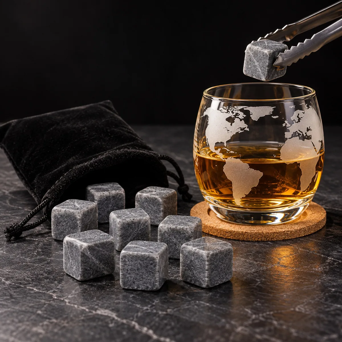 Kamienie do whisky, woreczek i szczypce ze stali
