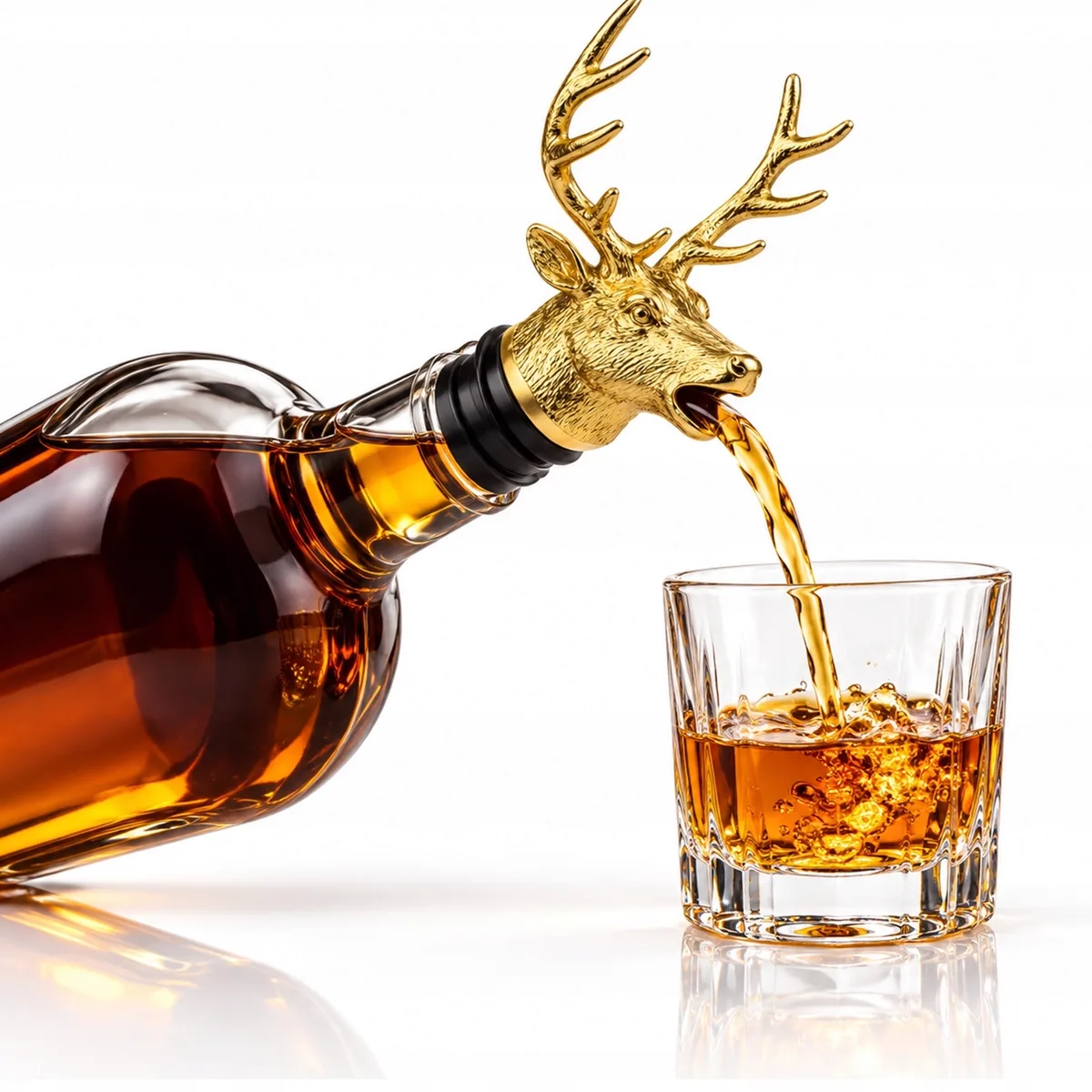 Złoty nalewak do whisky w kształcie głowy jelenia