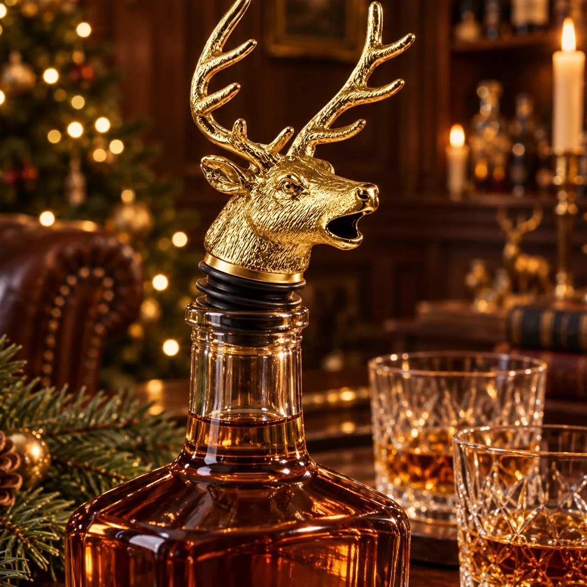 Nalewak złoty jeleń na butelce whisky pod choinką