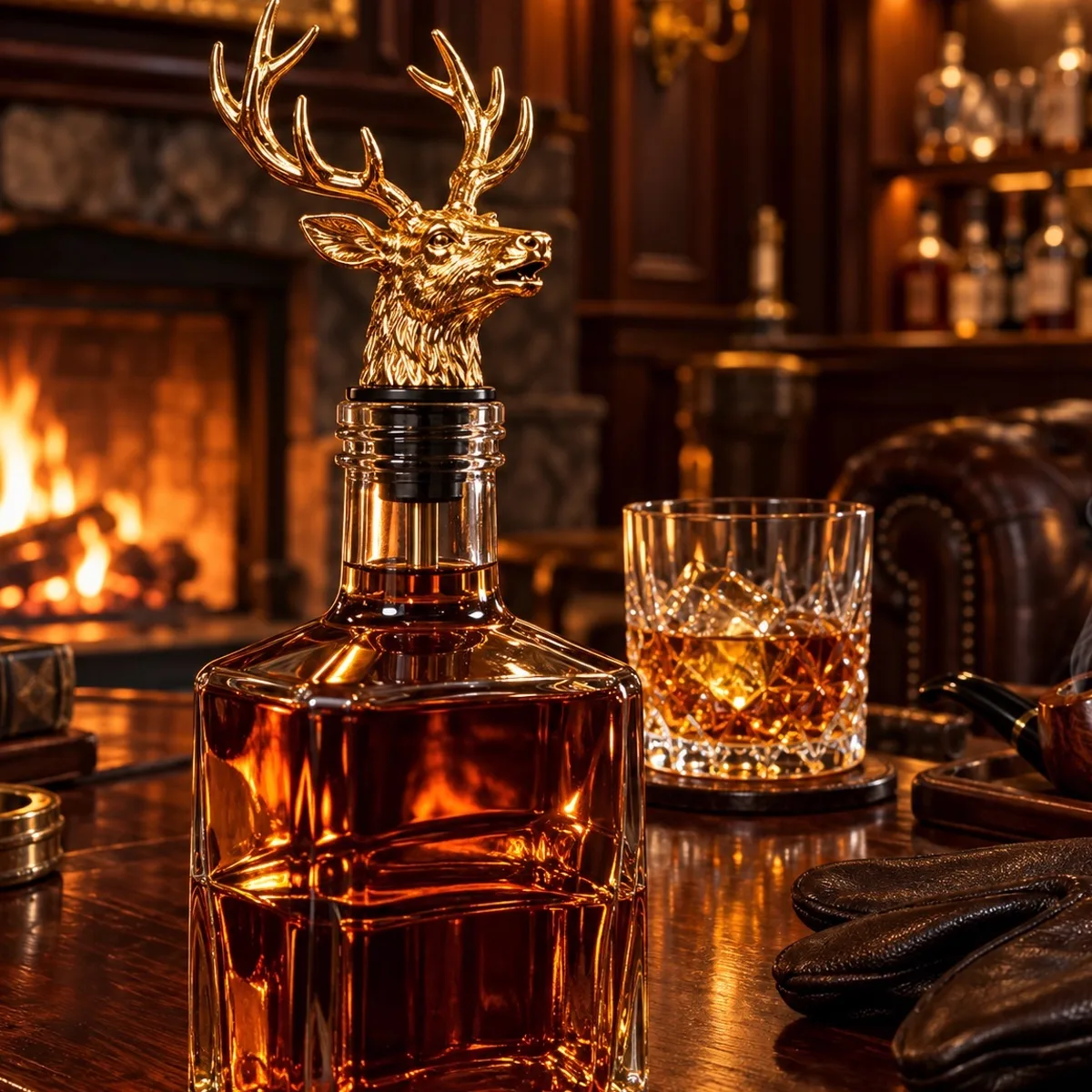 Nalewak złoty jeleń na karafce whisky przy kominku
