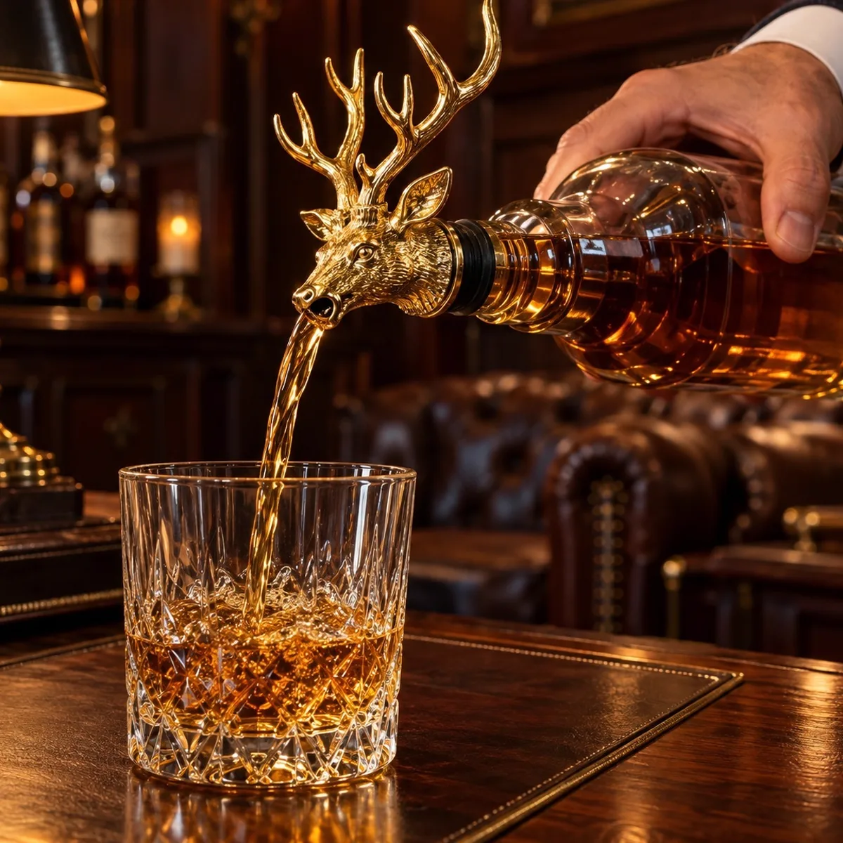 Nalewanie whisky przez nalewak złoty jeleń do kryształowej szklanki