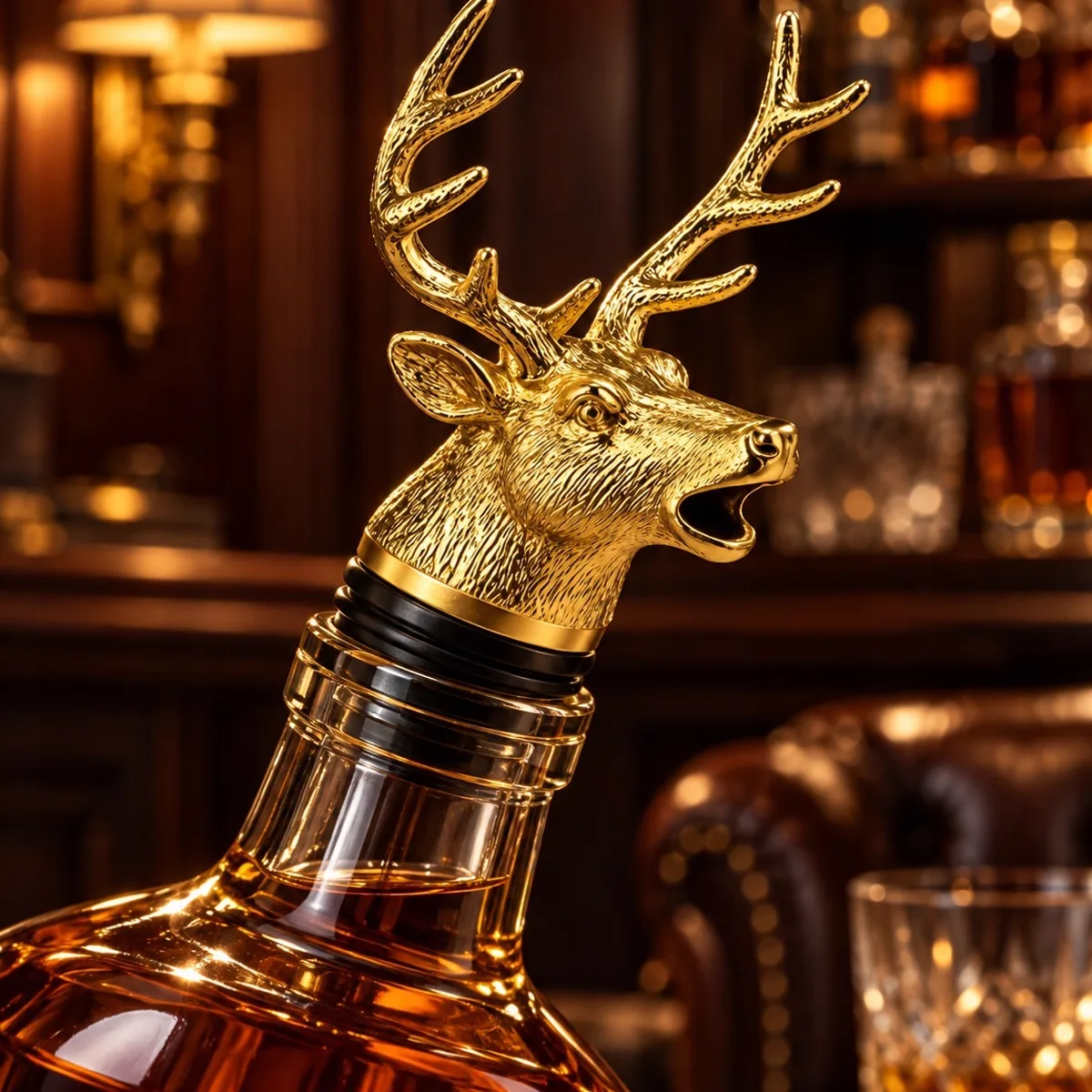 Złota głowa jelenia z porożem na butelce whisky