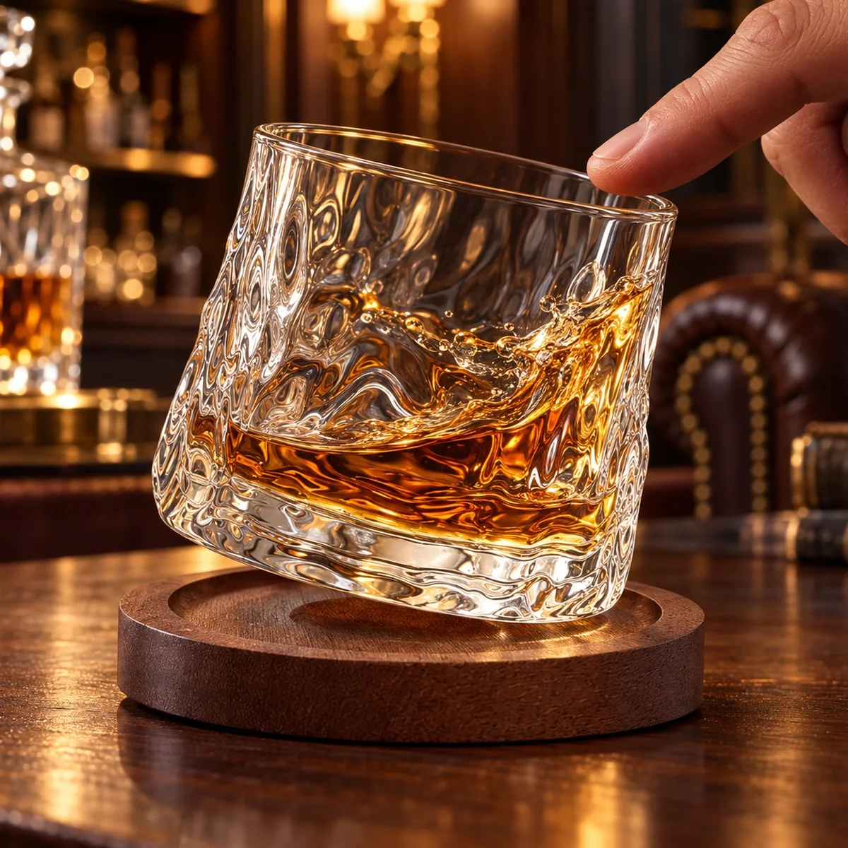 Szklanka do whisky obraca się na podstawce o 360 stopni
