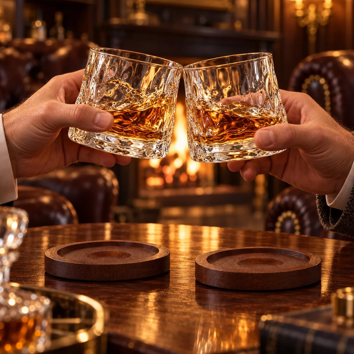 Toast dwiema obrotowymi szklankami do whisky